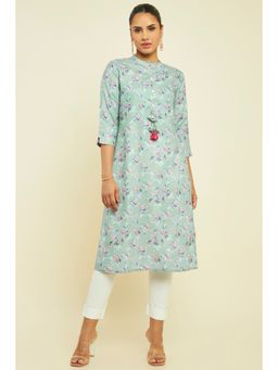 Soch - Women Green Linen Printed Kurta