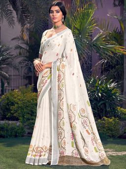 Akhilam - Womens Pure Linen Off White Printed Designer Saree with Unstitched Blouse