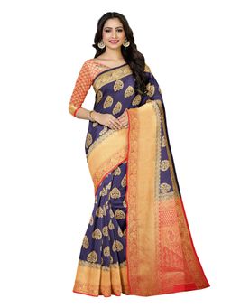 Mimosa - Navy Blue Floral Embellished Saree With Unstitched Blouse