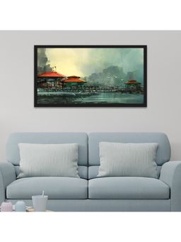 Dekorstation - Beautiful Harbor Fishing Village Floating Frame Canvas Wall Painting