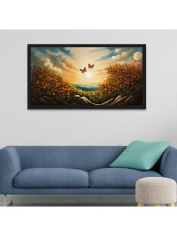 Dekorstation - Beautiful Two Butterfly On Flowers with Sunrise Landscape Wall Painting