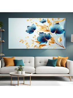 Dekorstation - Floral Elegant Blue and Golden Flower Floating Frame Wall Painting