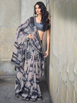 Akhilam - Womens Georgette Grey Printed Designer Saree with Unstitched Blouse