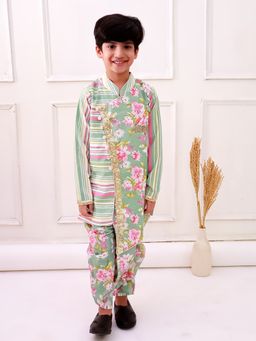 TWISHA - Cotton Full Sleeves All Over Printed Kurta With Dhoti - Olive Green And Pink