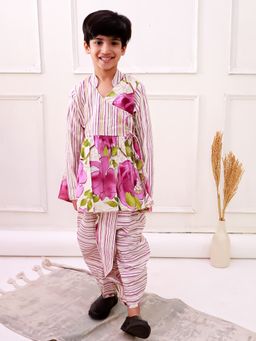 TWISHA - Cotton Full Sleeves All Over Printed Kurta With Dhoti - White And Purple