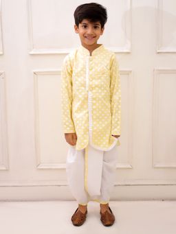 TWISHA - Cotton Full Sleeves Elephant Printed Kurta With Dhoti - Yellow And White
