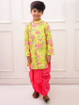 TWISHA - Full Sleeves Floral Printed Kurta With Dhoti - Lemon And Pink