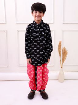 TWISHA - Rayon Full Sleeves Zebra Printed Kurta With Dhoti - Black And Coral