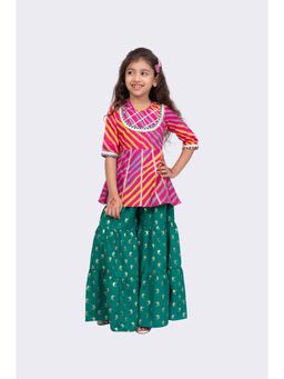 TWISHA - Cotton 3/4 Sleeves Leheriya Printed Top With Sharara - Pink And Green