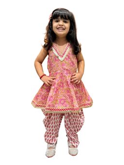 TWISHA - Cotton Sleeveless All Over Printed Top With Dhoti - Peach And White