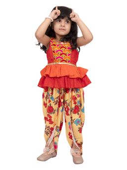 TWISHA - Cotton Sleeveless Embroidered Top With Dhoti -Orange And Yellow