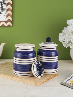 VarEesha - Indigo Blue Stripes Handmade Ceramic 6 Inch 600 ml Jars