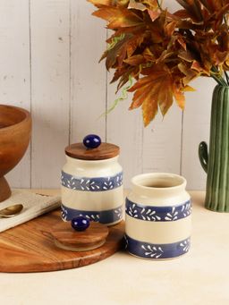 VarEesha - Blue White Embossed Handmade Ceramic Jars, Barnis with Wooden Lids