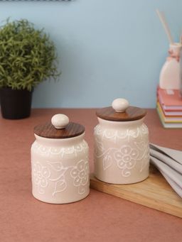 VarEesha - White Hand Painted, Embossed Ceramic Air Tight Jars, Barnis