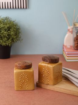 VarEesha - Gold Mustard Hand Embossed Ceramic Air Tight Chutney, Pickle Jars, Barnis