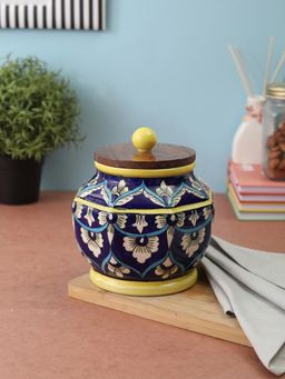 VarEesha - Hand Painted Blue Mughal Ceramic Barni, Jar with Wooden Lid