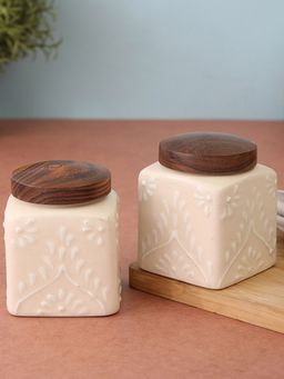 VarEesha - White Handpainted Embossed Ceramic Air Tight Square Chutney, Pickle Jars, Barnis - Medium