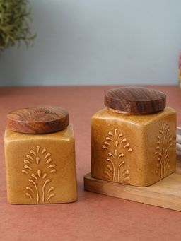 VarEesha - Gold Mustard Embossed Ceramic Square Chutney, Pickle Jars, Barnis - Medium