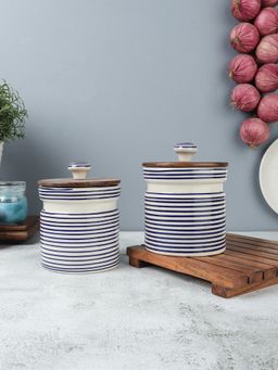 VarEesha - Parikrama Blue Spiral Leak Proof Handmade Ceramic Cylindrical Jars