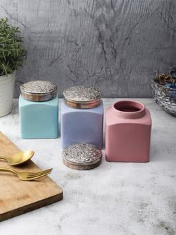 VarEesha - MultiColor Pastel Handmade Ceramic Jars with Hand Carved Antique Metal Lid