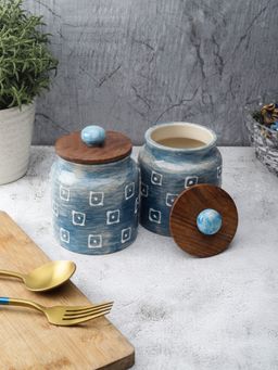 VarEesha - Blue Square Embossed Handmade Ceramic Air Tight Jars, Barnis with Wooden Lids