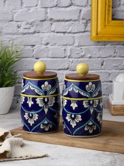 VarEesha - Hand Painted Blue White Floral Dholak Ceramic Jars