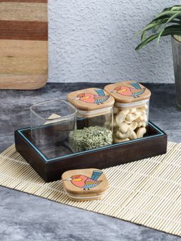 VarEesha - Chiraiya Square Glass Jars with Hand Painted Gond Art Wooden Lids and Tray