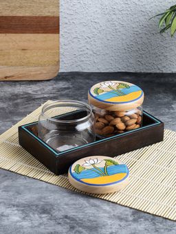 VarEesha - Hand Painted Pichwai Lotus Lids Round Glass Jars with Tray