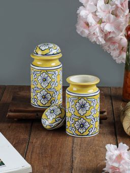 VarEesha - Manohar Yellow White Air Tight Ceramic Spice Bottles, Pickle Jars