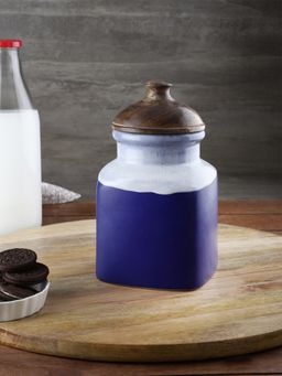 VarEesha - Hand Painted Studio Pottery Blue Airtight Ceramic Jar with Wooden Lid - 1000 gms