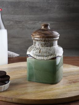 VarEesha - Hand Painted Studio Pottery Green Airtight Ceramic Jar with Wooden Lid - 1000 gms