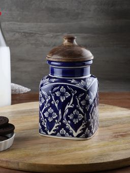 VarEesha - Hand Painted Blue Mughal Airtight Ceramic Jar with Wooden Lid - 1000 gms
