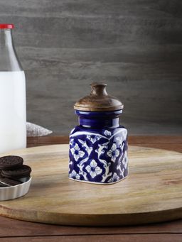 VarEesha - Hand Painted Blue Mughal Airtight Ceramic Jar with Wooden Lid - 400 gms
