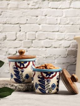 VarEesha - Hand Painted Blue Flowers Ceramic Air Tight Jars with Wooden Lids