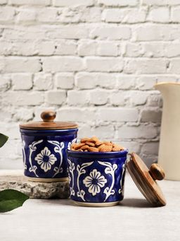 VarEesha - Hand Painted Blue Mughal Ceramic Air Tight Jars with Wooden Lids