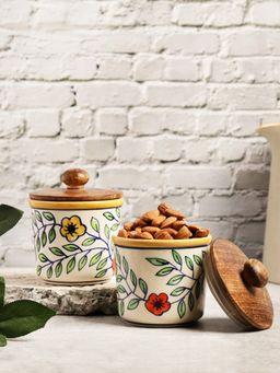 VarEesha - Hand Painted Multi Flowers MultiColor Ceramic Air Tight Jars with Wooden Lids