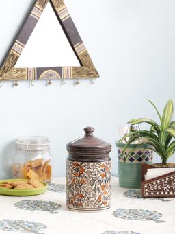 VarEesha - Hand Painted Green Leaves Ceramic Pickle, Chutney, Sugar Jar