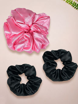 OOMPH - Black and Pink Satin Silk Scrunchies - Pack of 3