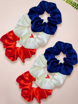 OOMPH - Navy Blue- White and Red Satin Silk Scrunchies - Pack of 6