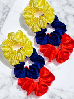 OOMPH - Navy Blue- Red and Yellow Satin Silk Scrunchies - Pack of 6
