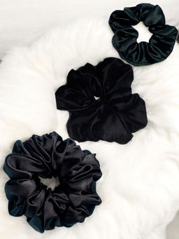 OOMPH - Black Solid Volumizer Satin Silk Scrunchies - Pack of 3