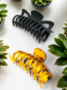 OOMPH - Women Stylish Black and Yellow Big Hair Clip - Pack of 2