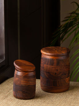 ExclusiveLane - Ripples Of Wood' Handcrafted Jars With Lids In Sheesham Wood (Set Of 2)