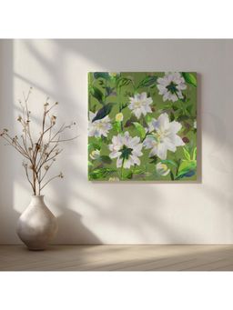 Anciq - Delicate White Blossoms on Lush Green Canvas Wall Painting - (24x36 Inch)