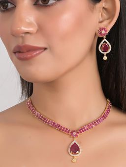 Ratnavali Jewels - Gold Plated American Diamond Cz Pink Drop Jewellery Set