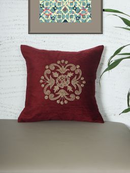Zeba World - Square Cushion Cover for Sofa, Bed Motif Embroidery - Chenille Maroon 16x16 Inches