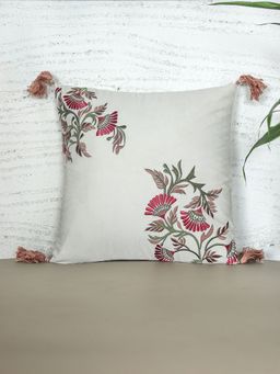 Zeba World - Square Cushion Cover for Sofa, Bed Floral Hand Embroidery with Tassels - Cotton Offwhite 16x16 Inches