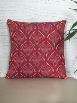 Zeba World - Square Cushion Cover Zari Embroidery Highlights on Art Deco Print - Polycanvas Red 16x16 Inches