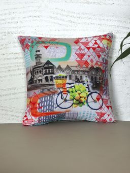Zeba World - Square Cushion Cover for Sofa, Bed Vintage Mumbai Print - Polycanvas Multicolor 16x16 Inches