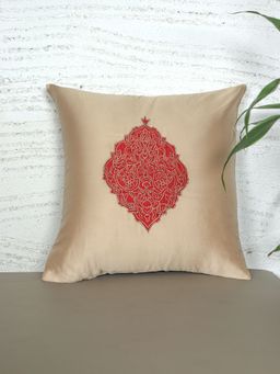 Zeba World - Square Cushion Cover for Sofa, Bed Floral Motif Embroidery - Polyester Gold 16x16 Inches